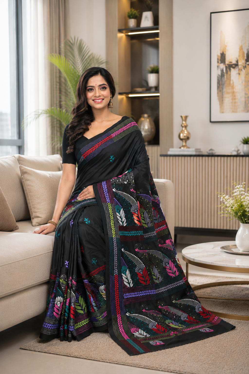 Black Semi Bangalore Silk Saree with Multicolour Thread Work