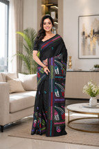 Black Semi Bangalore Silk Saree with Multicolour Thread Work