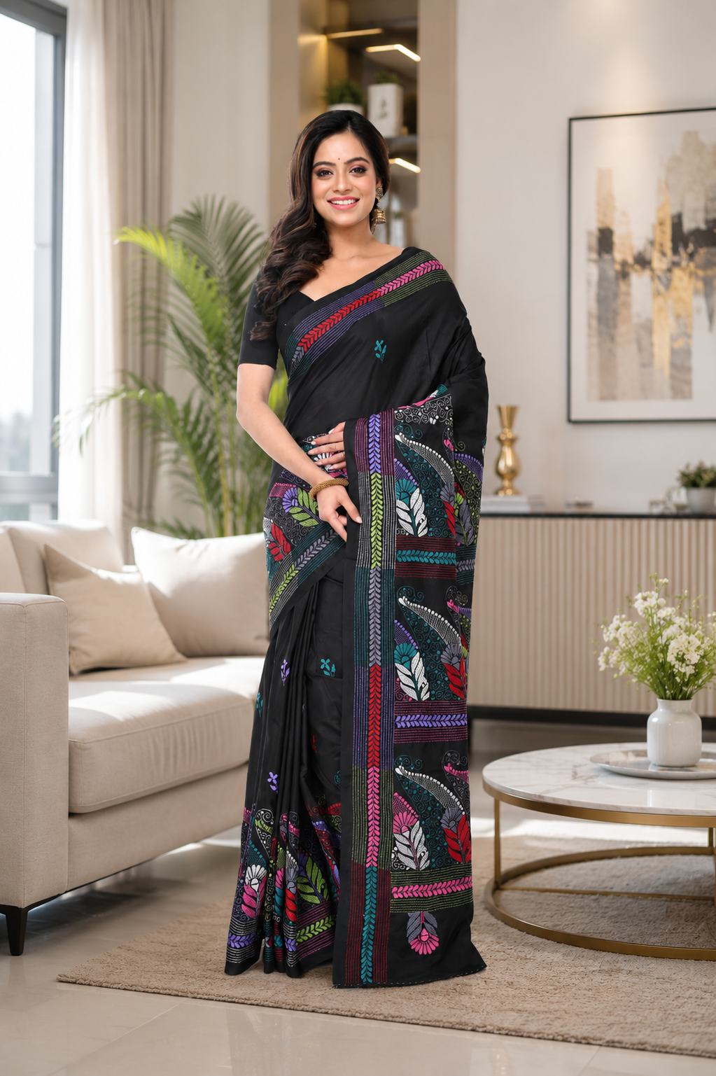 Black Semi Bangalore Silk Saree with Multicolour Thread Work