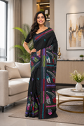 Black Semi Bangalore Silk Saree with Multicolour Thread Work