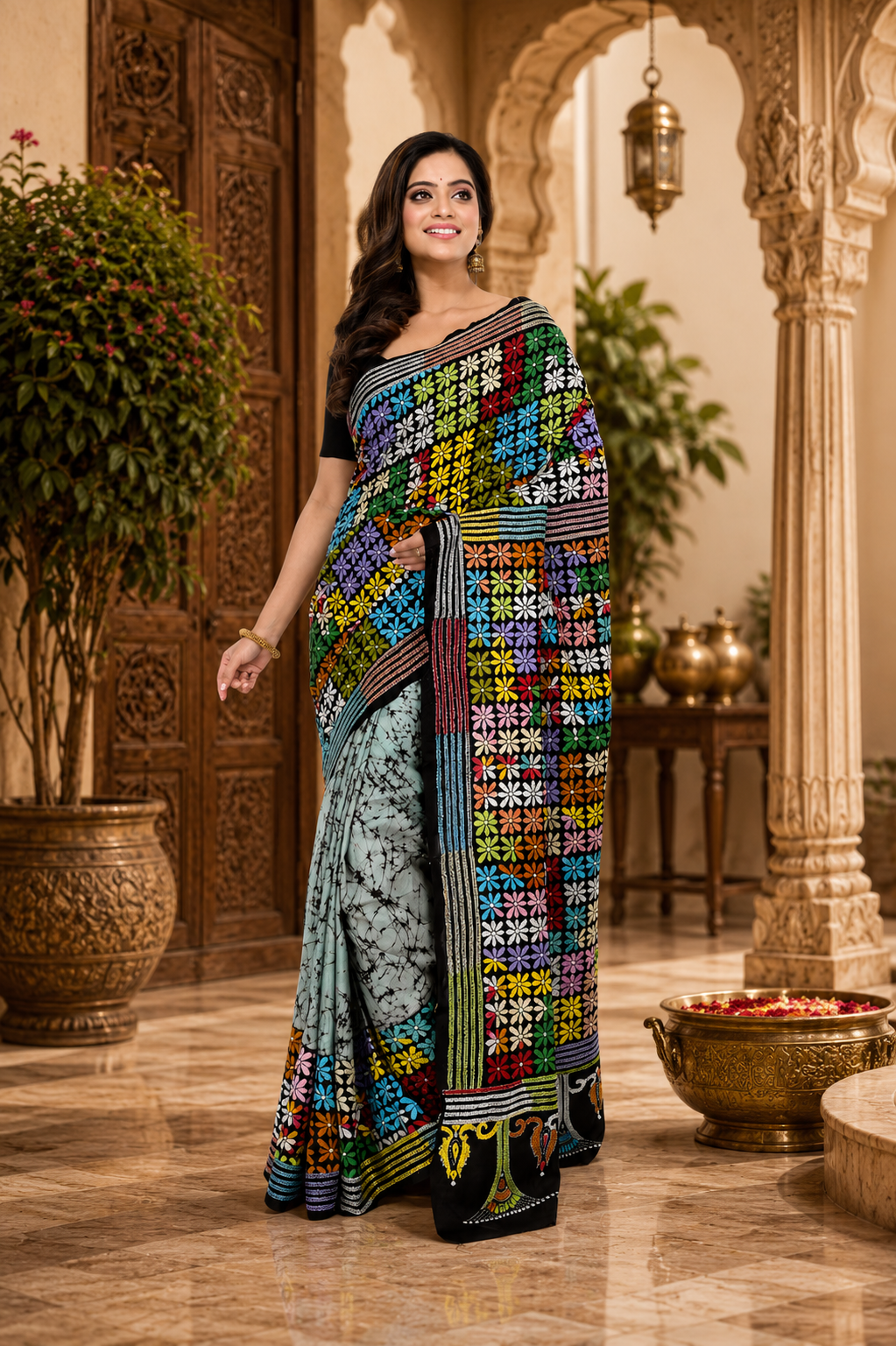 Pure Bangalore Silk Kantha Saree with Crack Batik Base
