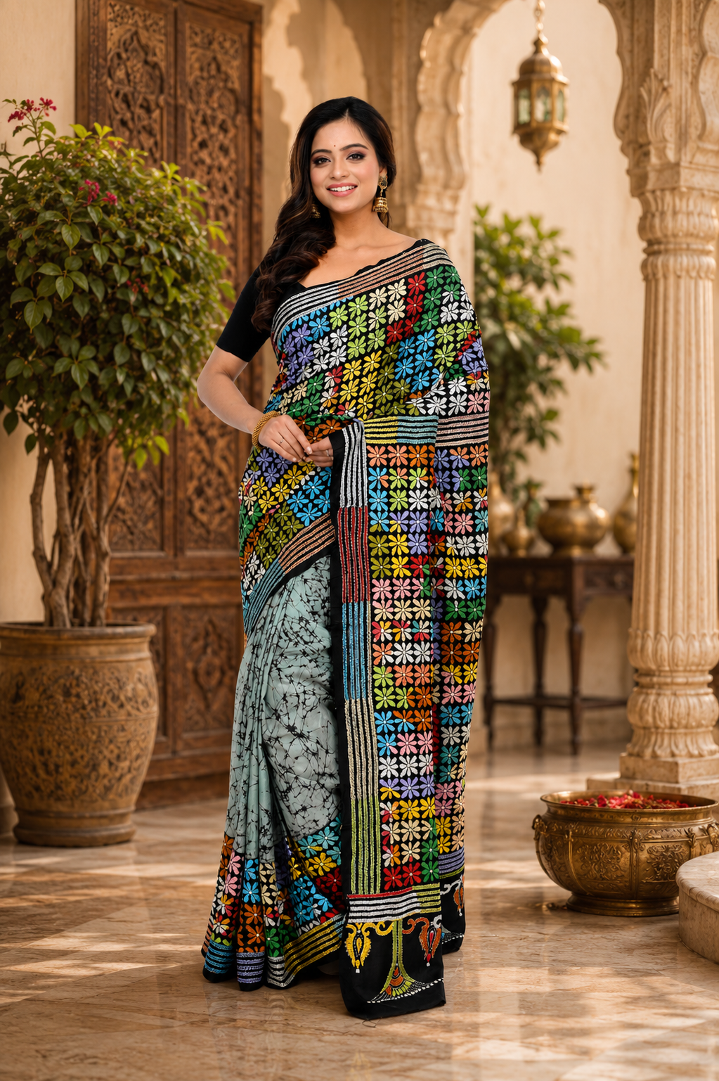 Pure Bangalore Silk Kantha Saree with Crack Batik Base