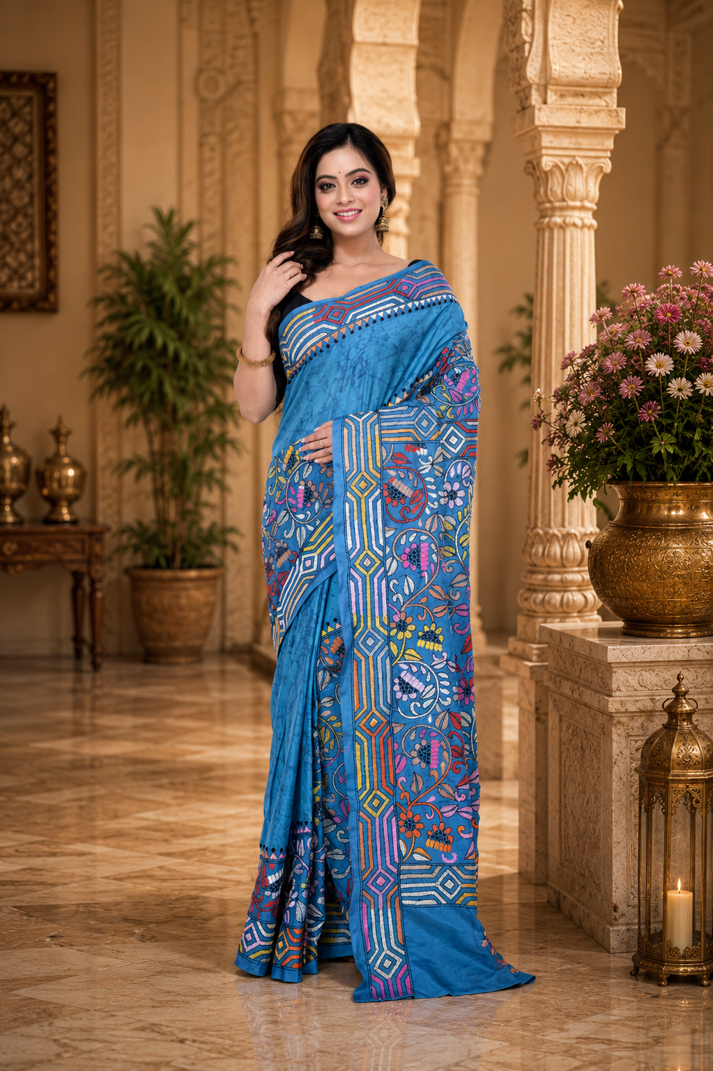 Black Semi Bangalore Silk Saree with Kantha Allover Work