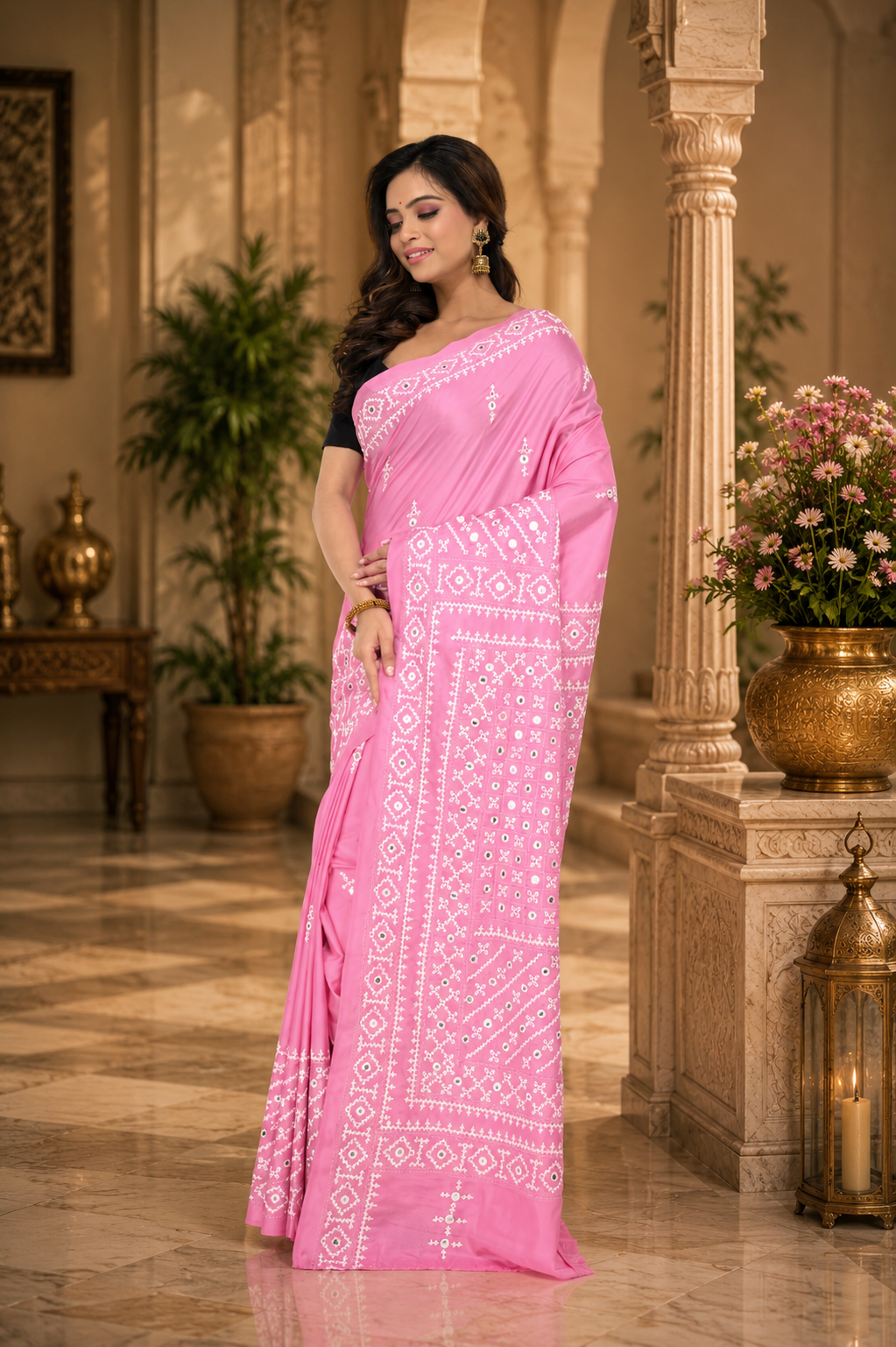 Baby Pink Bangalore Silk Saree with Gujarati Stitch Work