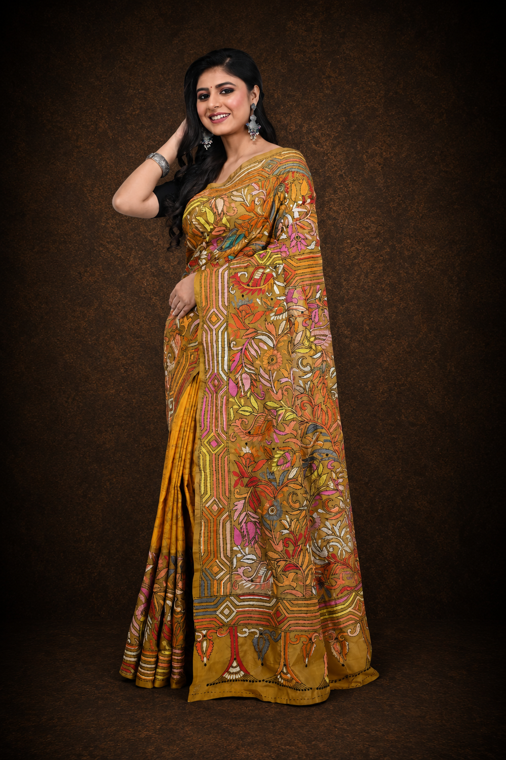 Master Yellow Banglore Silk Kantha Worked Saree with Allover Decorated