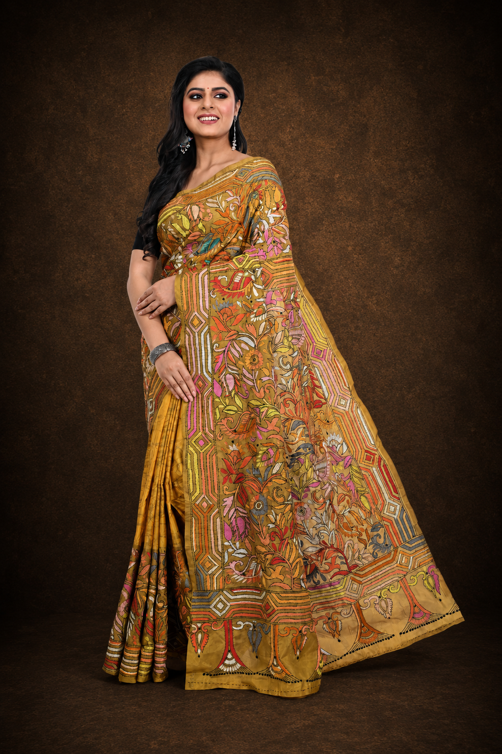Master Yellow Banglore Silk Kantha Worked Saree with Allover Decorated