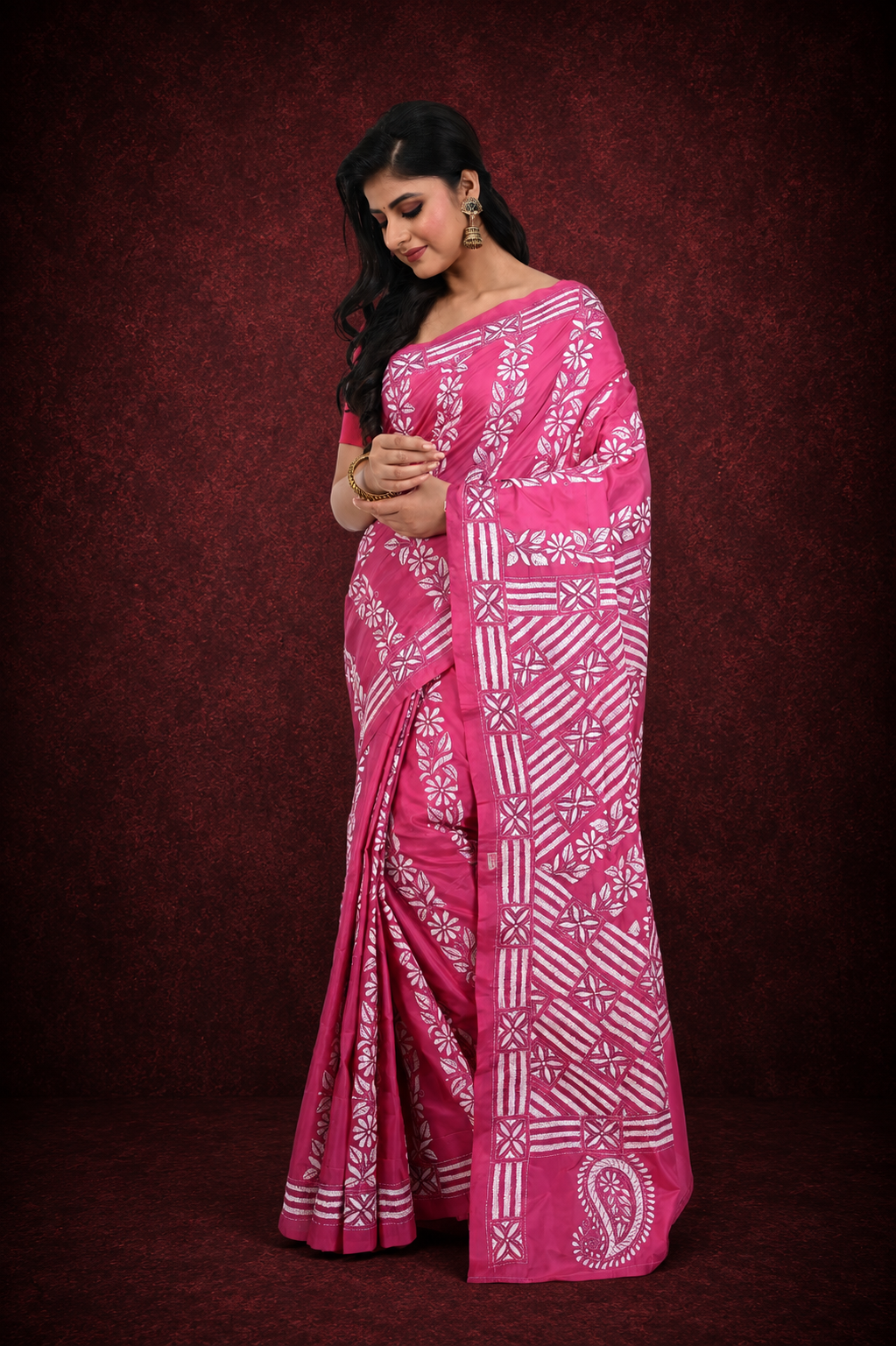 Pink Coloured Kanth Worked Banglore Silk Saree