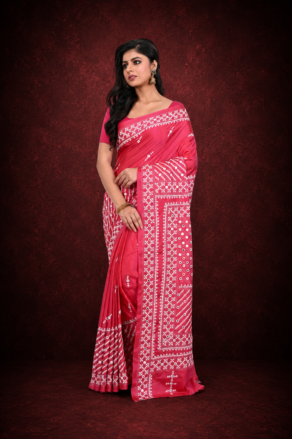 Pink Gujarati Worked Banglore Silk