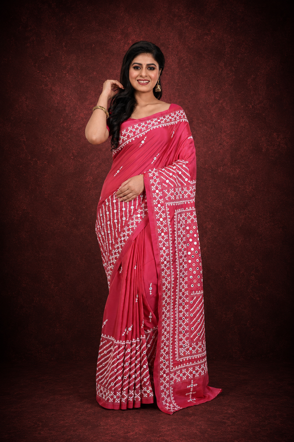 Pink Gujarati Worked Banglore Silk