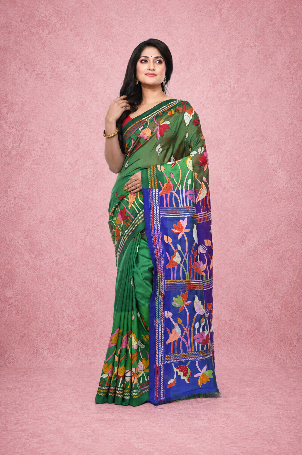 Kantha Lotus Motif Saree on Bishnupuri katan Silk