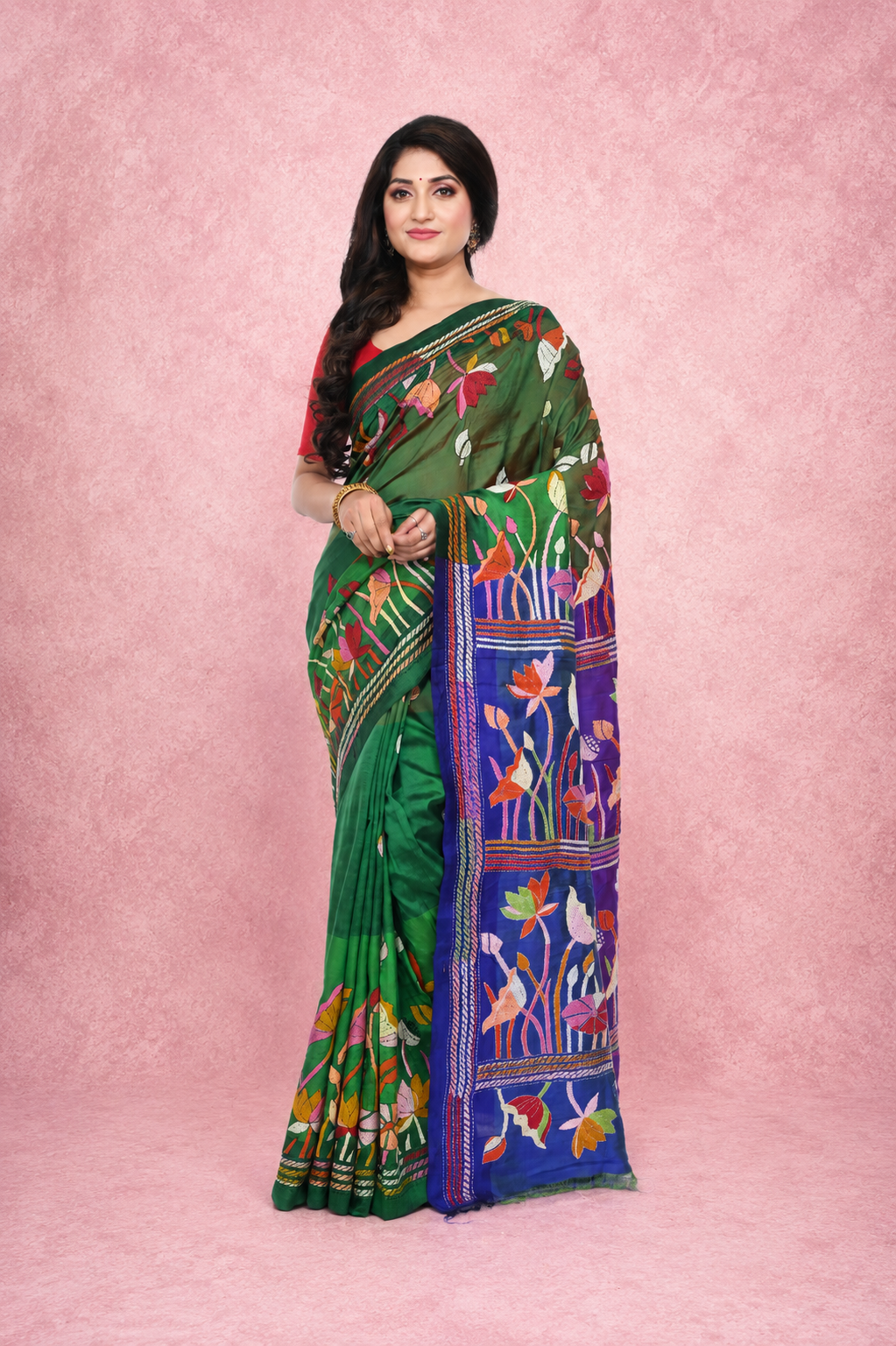 Kantha Lotus Motif Saree on Bishnupuri katan Silk
