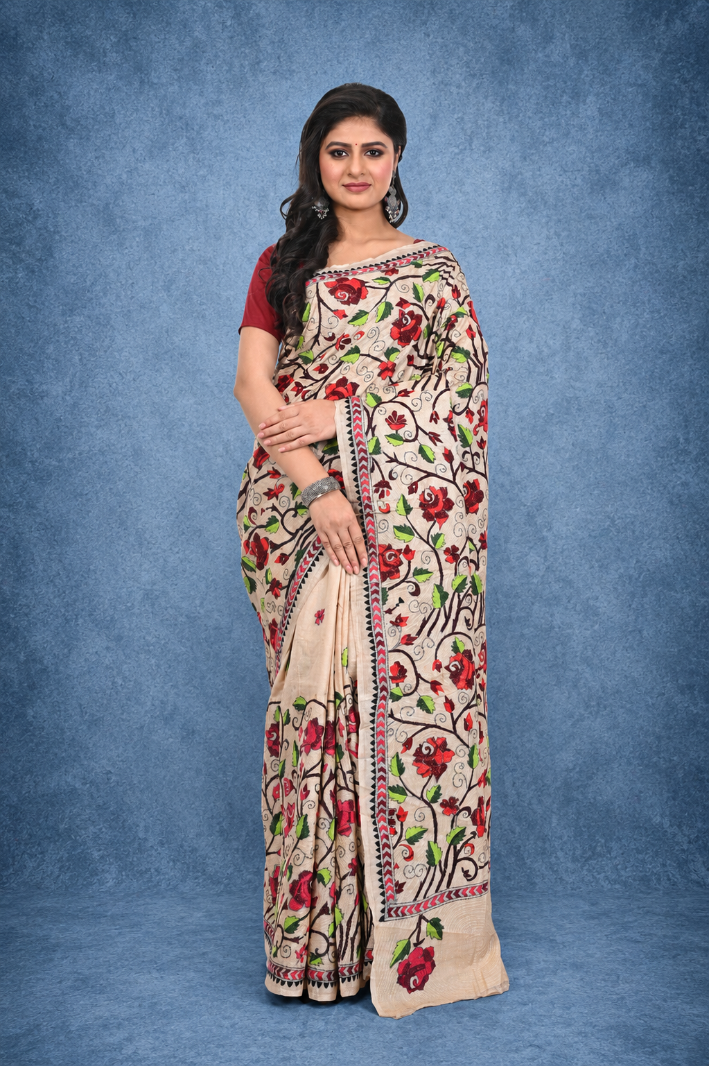 Pure Gachi Tussar Rose Motif Kantha Saree All Over Worked