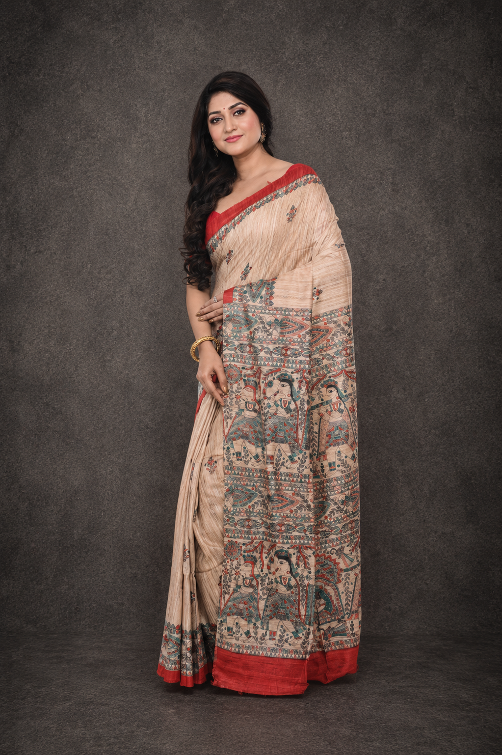Pure Ghicha Silk Saree with Red Border Madhubani Painted