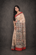 Pure Ghicha Silk Saree with Red Border Madhubani Painted