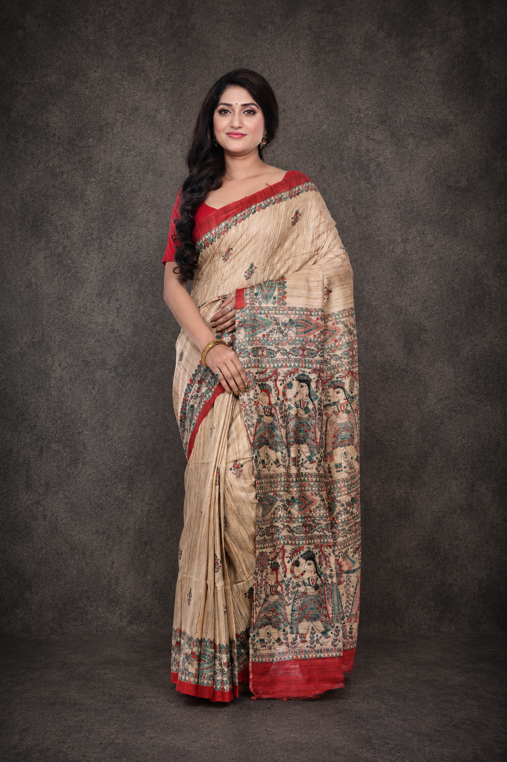 Pure Ghicha Silk Saree with Red Border Madhubani Painted