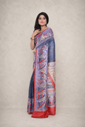 Pure Ghicha Silk Saree with Steel Colour and Red Border Madhubani Motif