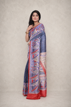 Pure Ghicha Silk Saree with Steel Colour and Red Border Madhubani Motif