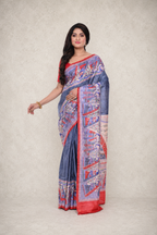Pure Ghicha Silk Saree with Steel Colour and Red Border Madhubani Motif