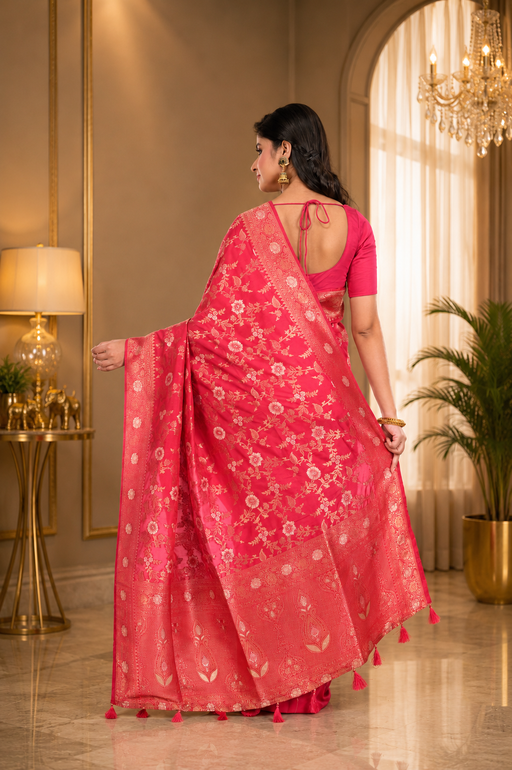 Pink Khaddi Benarasi Saree Allover Zari Worked