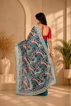 Pure Georgette Sea Green Saree with Kashmiri Machine Work