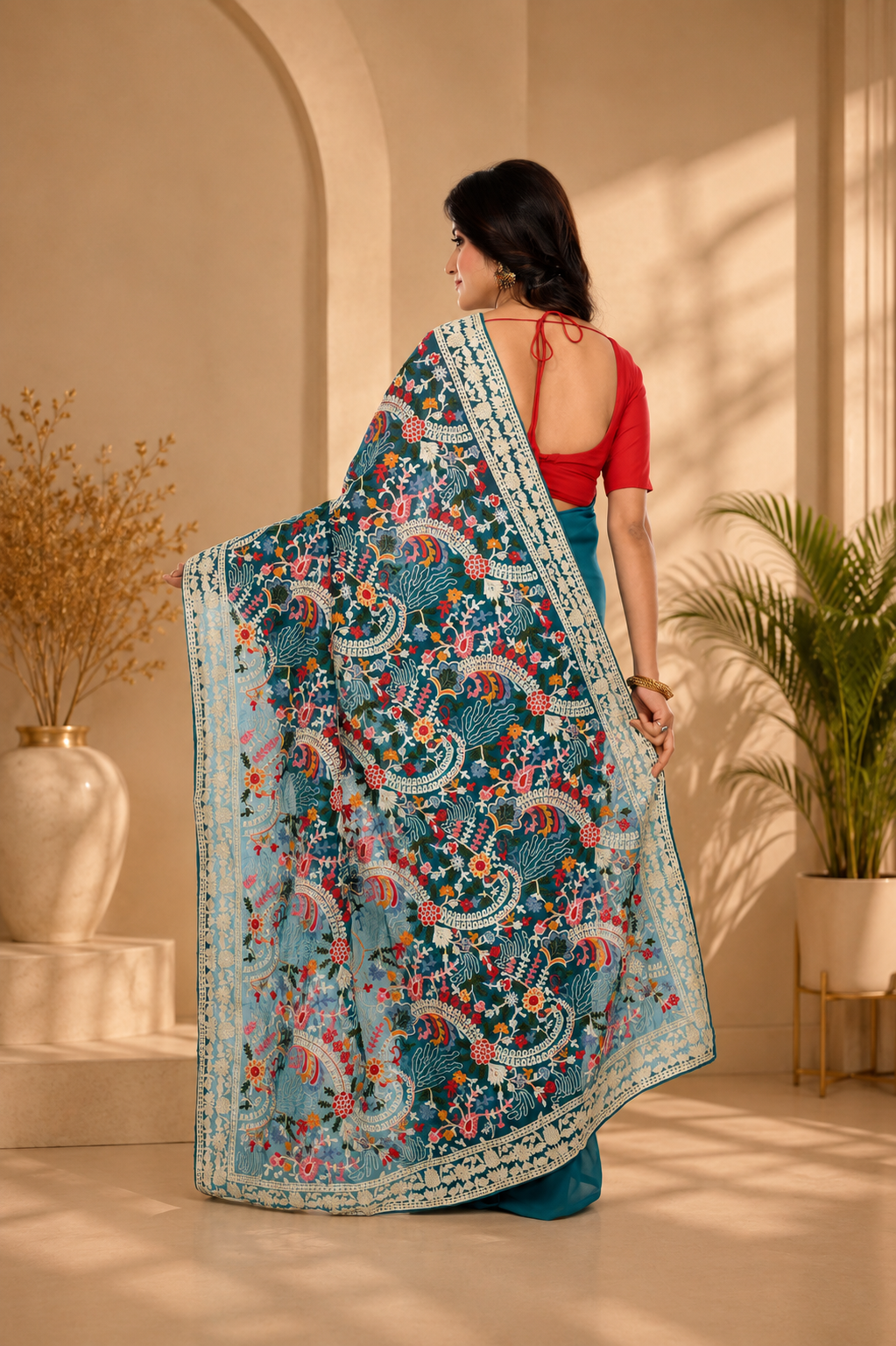 Pure Georgette Sea Green Saree with Kashmiri Machine Work