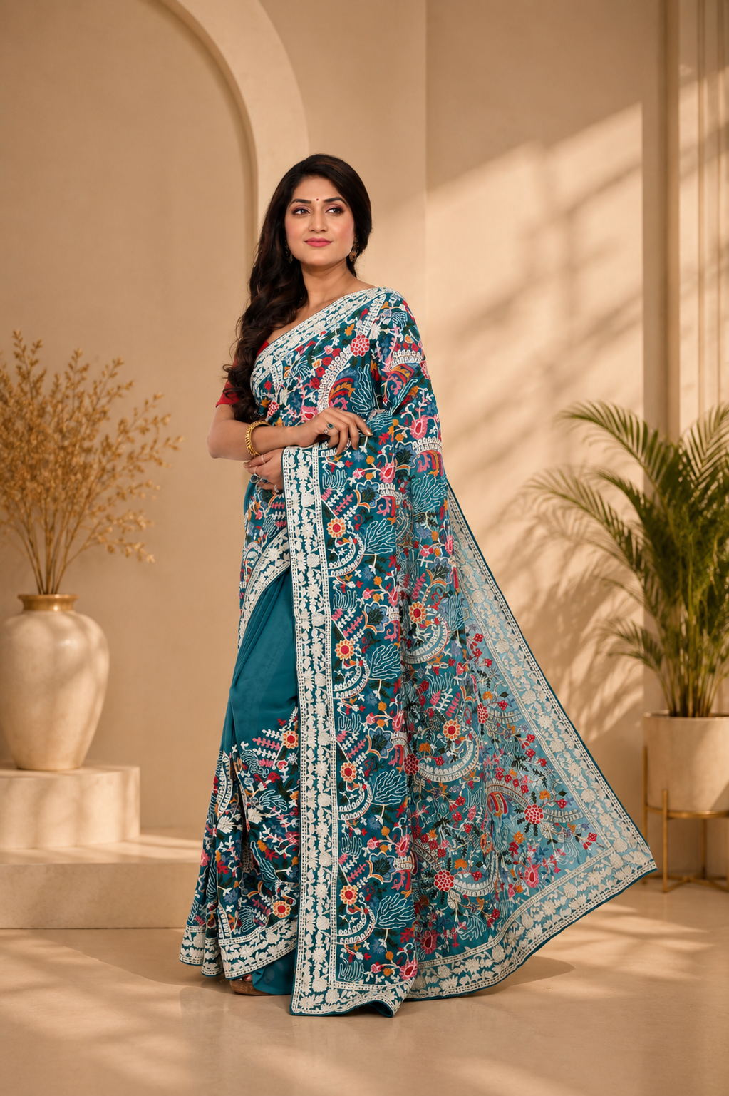 Pure Georgette Sea Green Saree with Kashmiri Machine Work