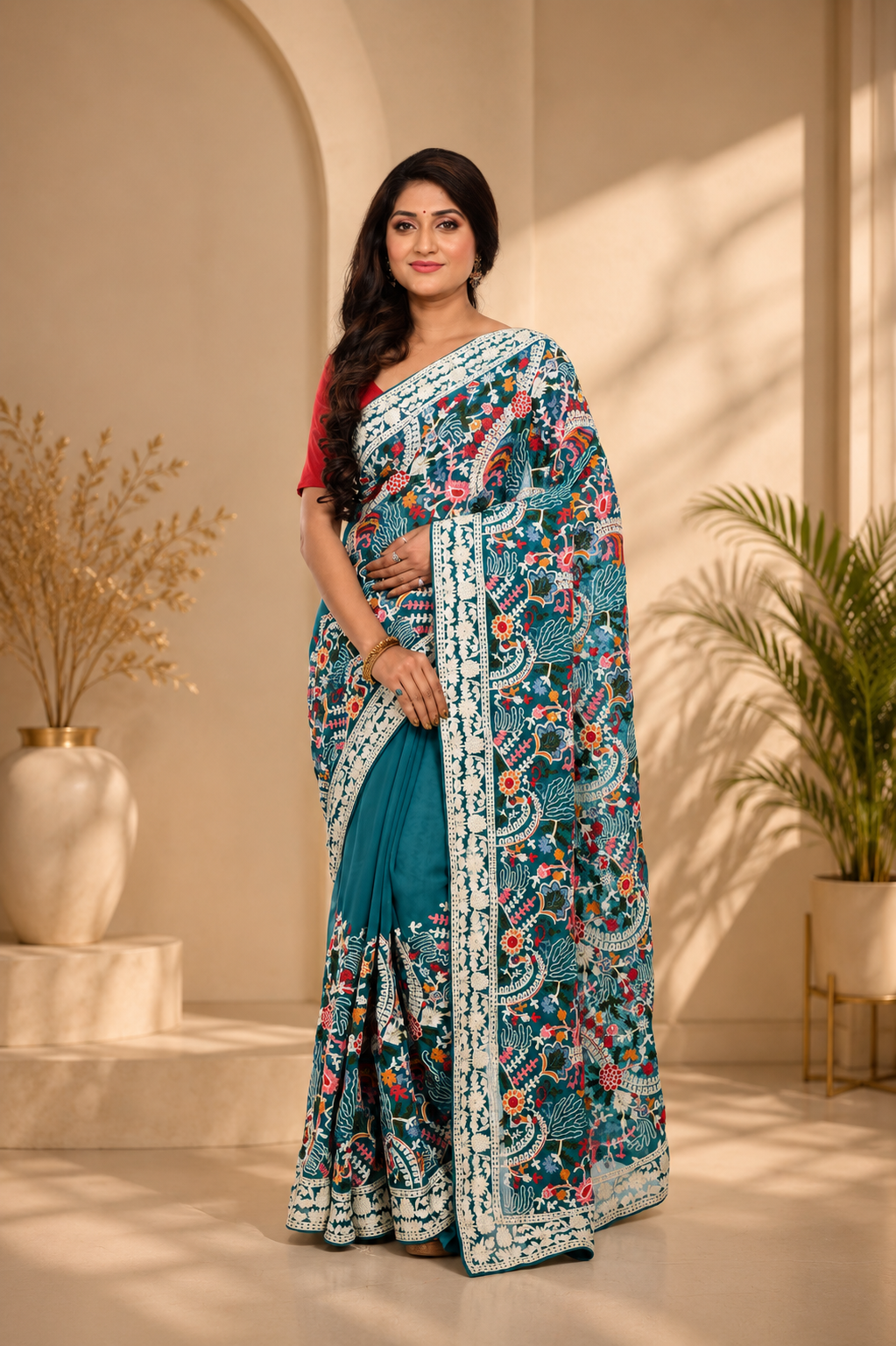 Pure Georgette Sea Green Saree with Kashmiri Machine Work