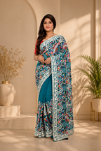 Pure Georgette Sea Green Saree with Kashmiri Machine Work