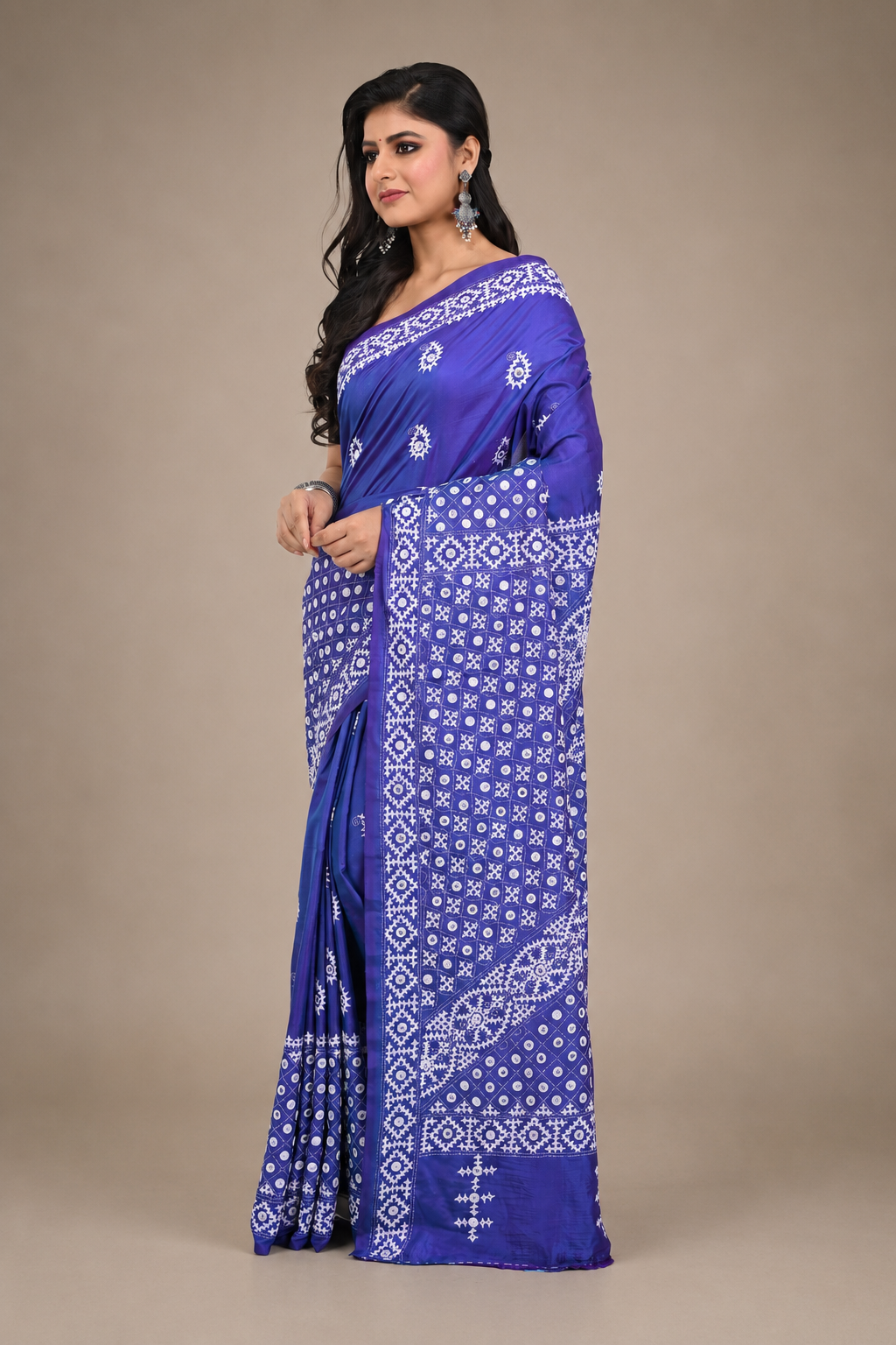 Saphire Blue Banglore Silk Saree with Hand Gujarati Worked