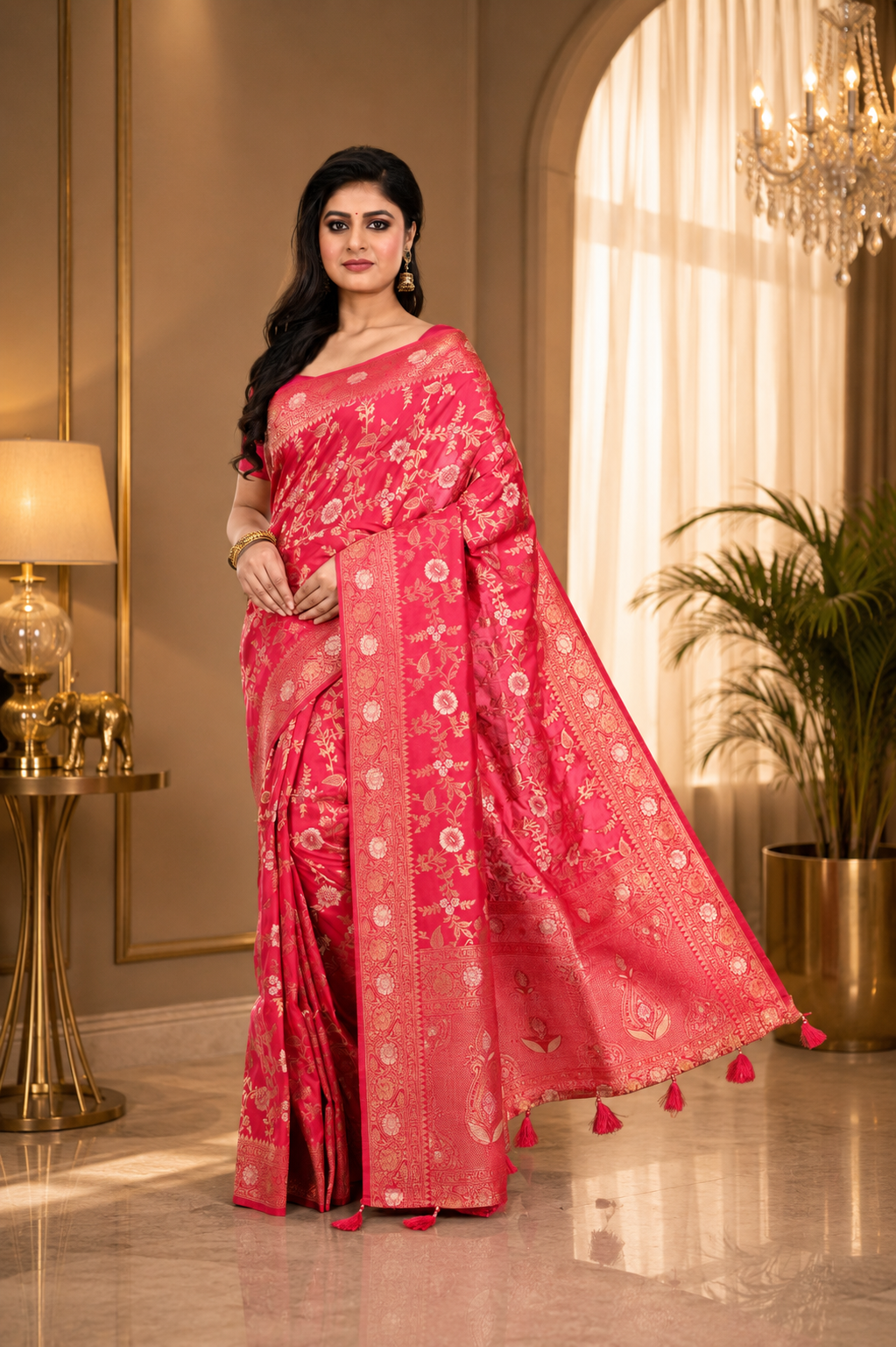Pink Khaddi Benarasi Saree Allover Zari Worked