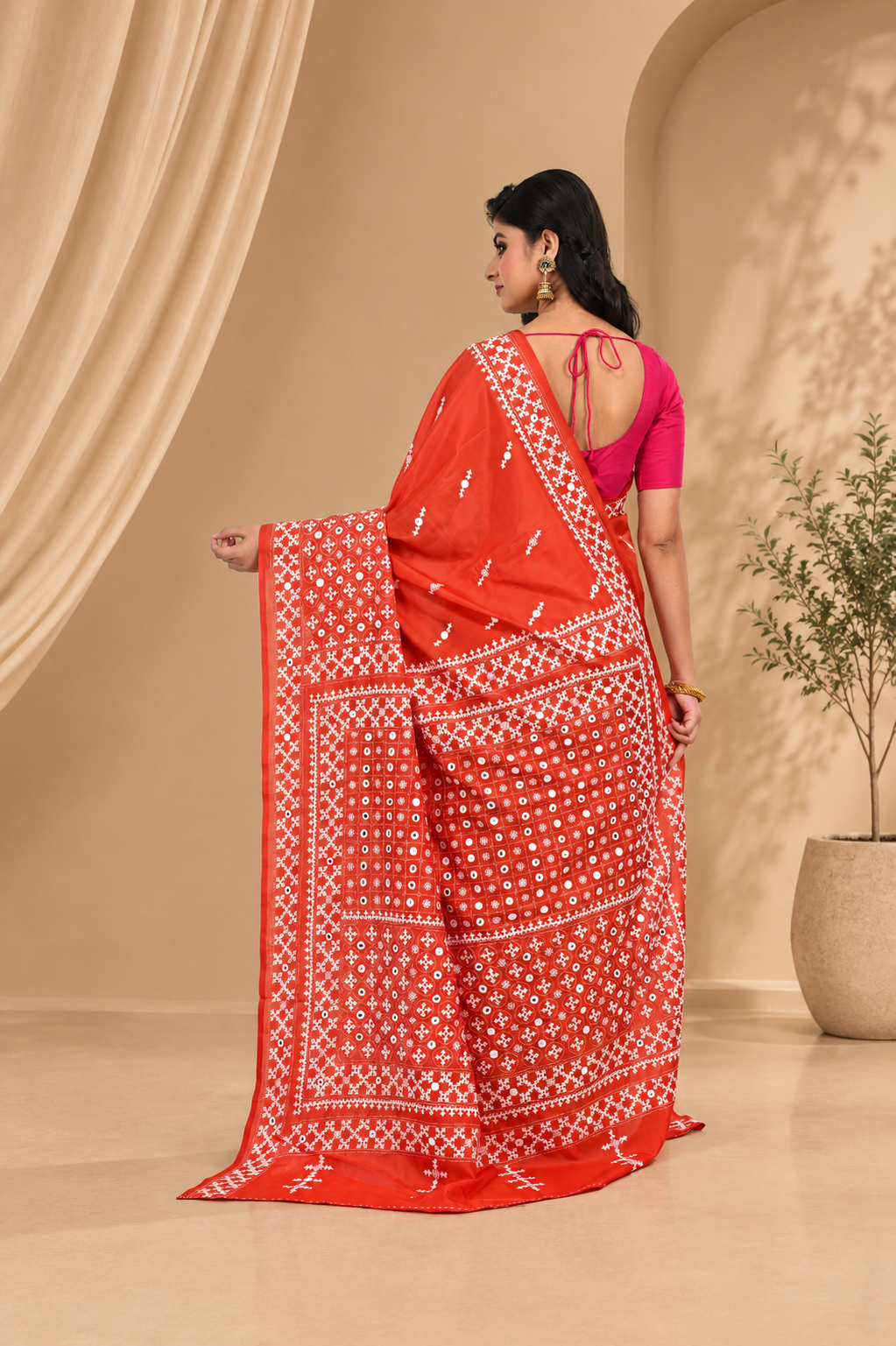 Orange Coloured Banglore Silk with Hand Gujarati Worked