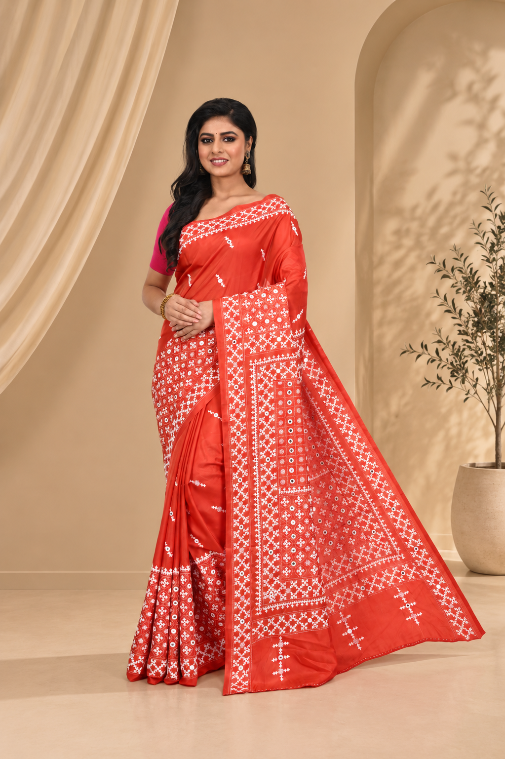 Orange Coloured Banglore Silk with Hand Gujarati Worked