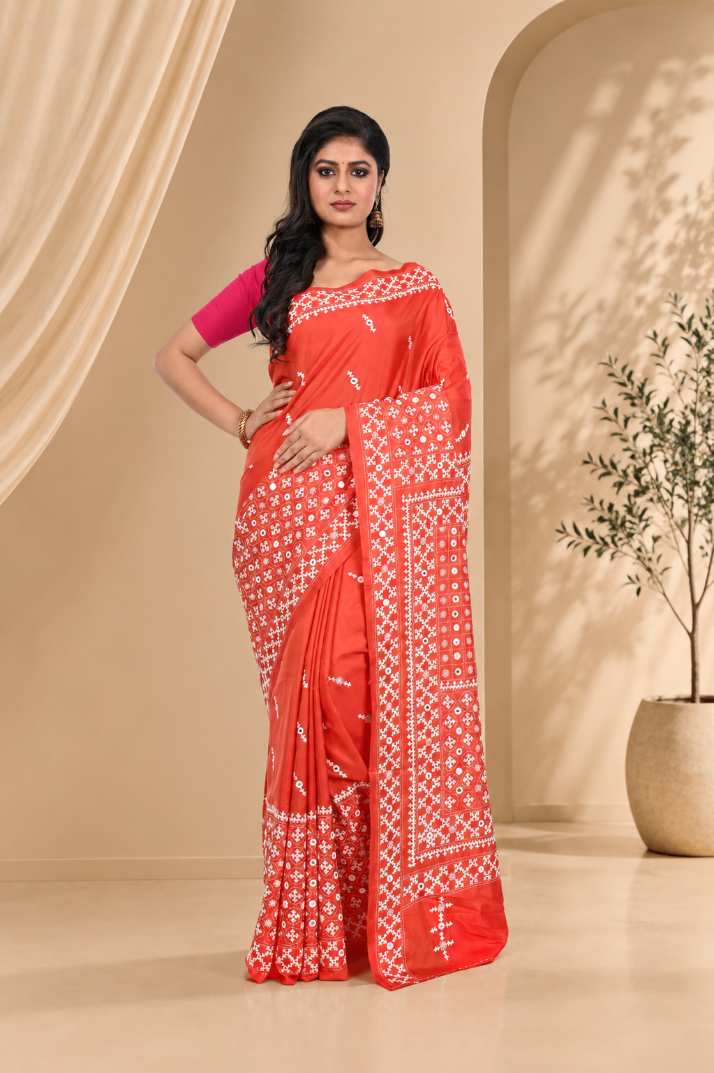Orange Coloured Banglore Silk with Hand Gujarati Worked