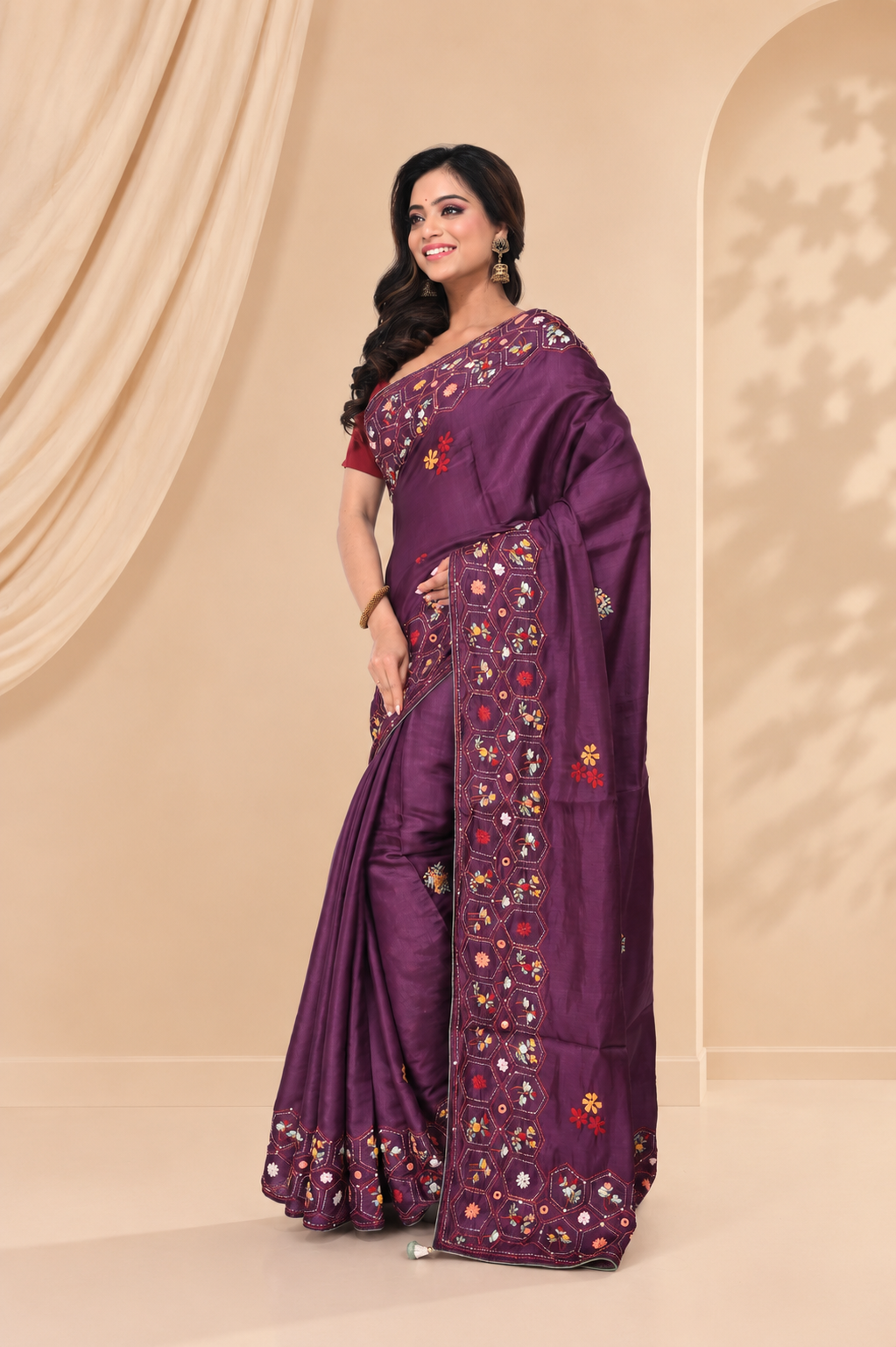 Wine Semi Tussar Saree with Hand Work