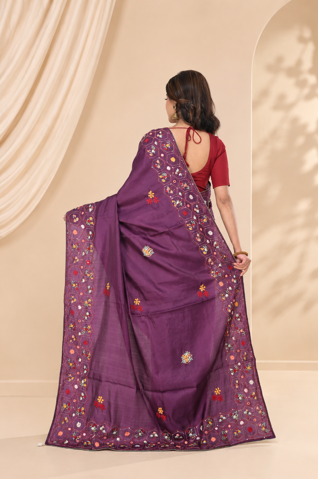 Wine Semi Tussar Saree with Hand Work