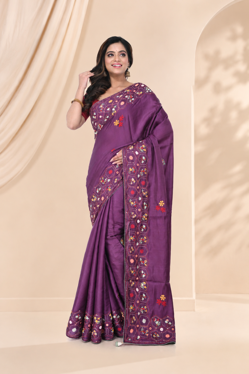 Wine Semi Tussar Saree with Hand Work
