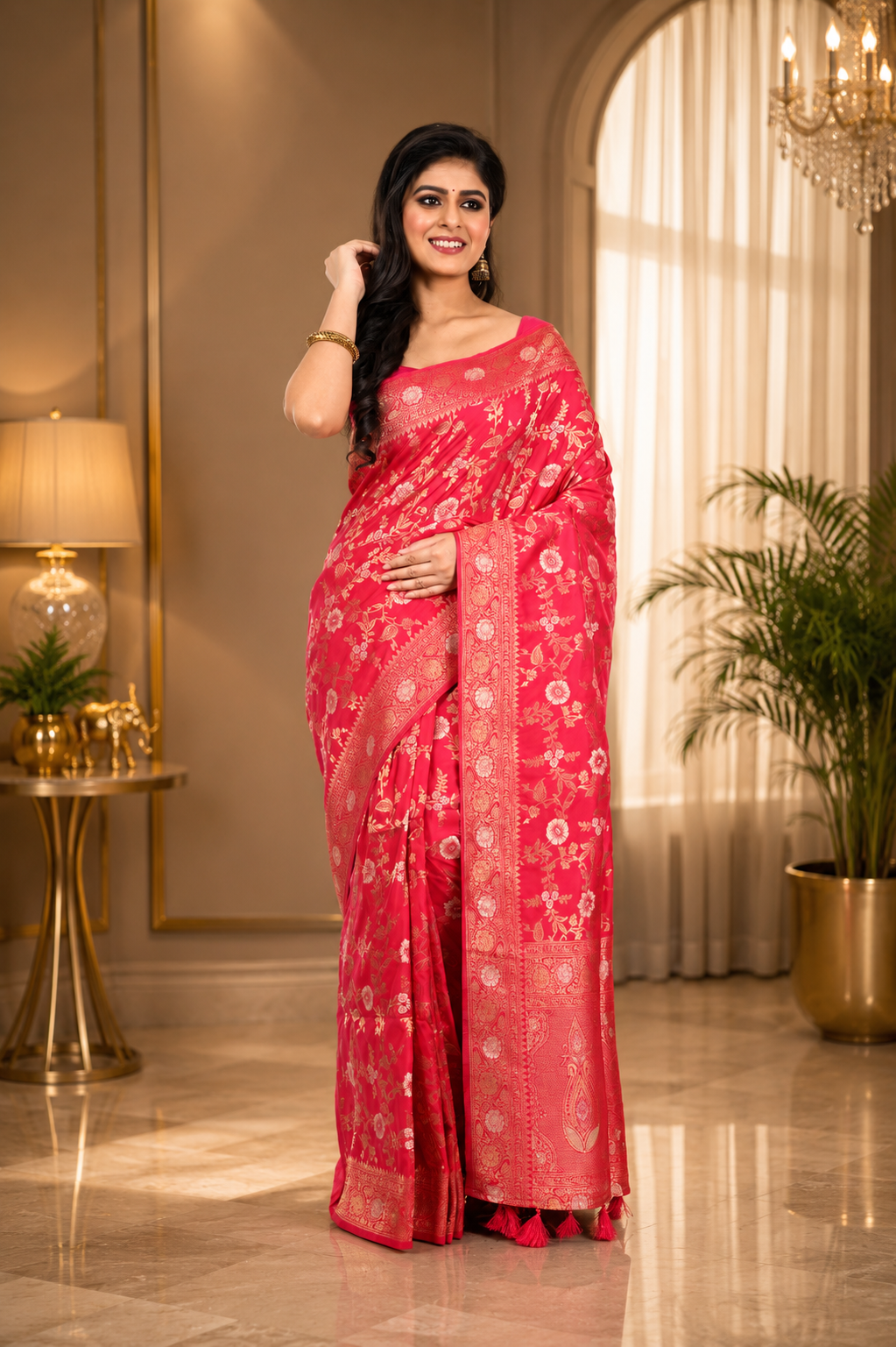 Pink Khaddi Benarasi Saree Allover Zari Worked