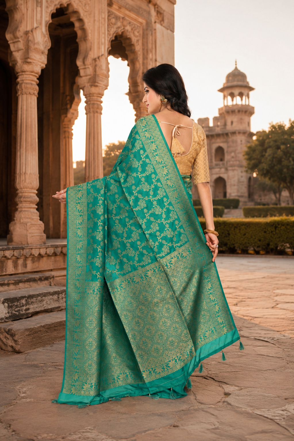 Green Khaddi Silk Saree with All Over Worked