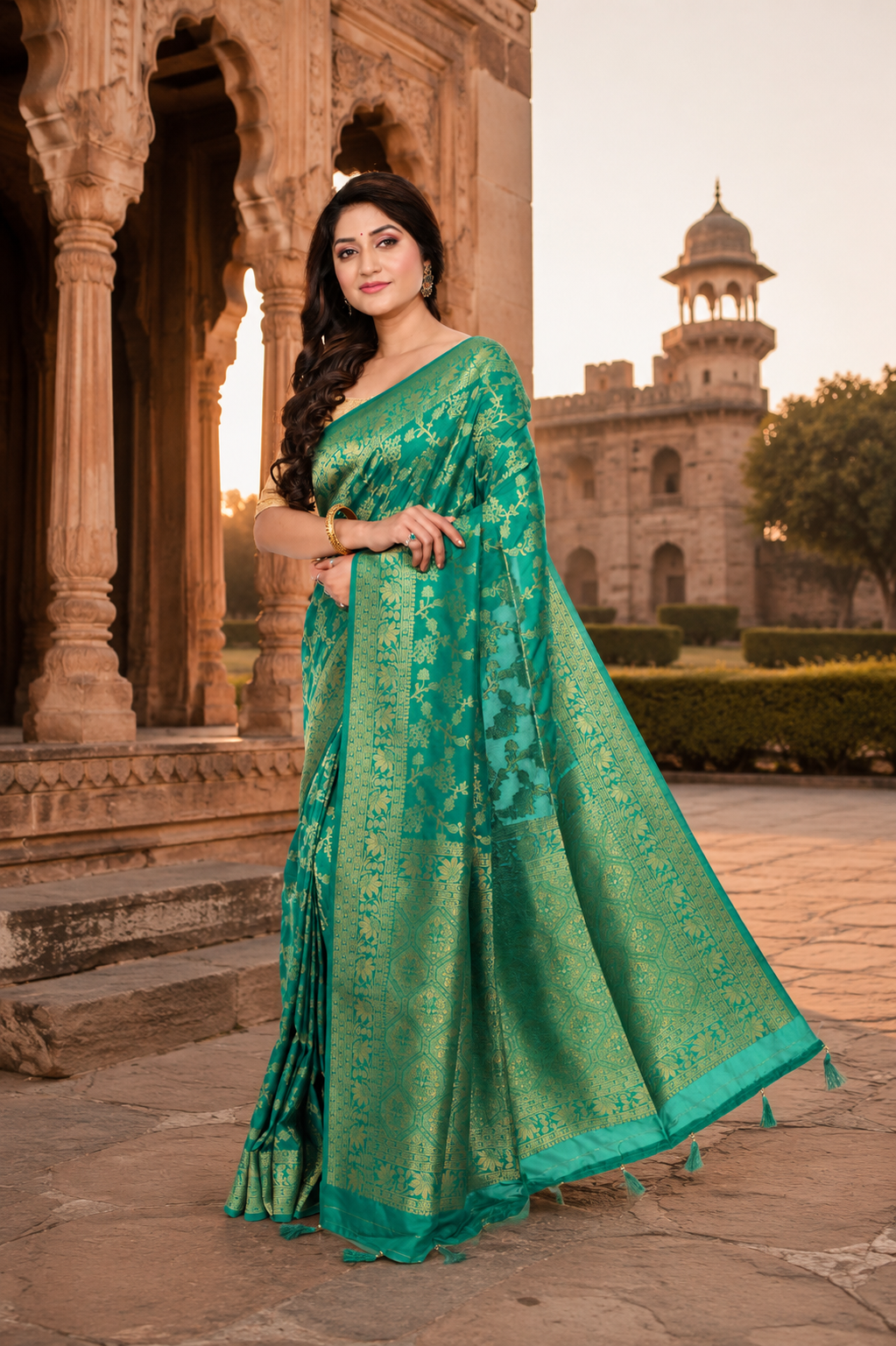 Green Khaddi Silk Saree with All Over Worked
