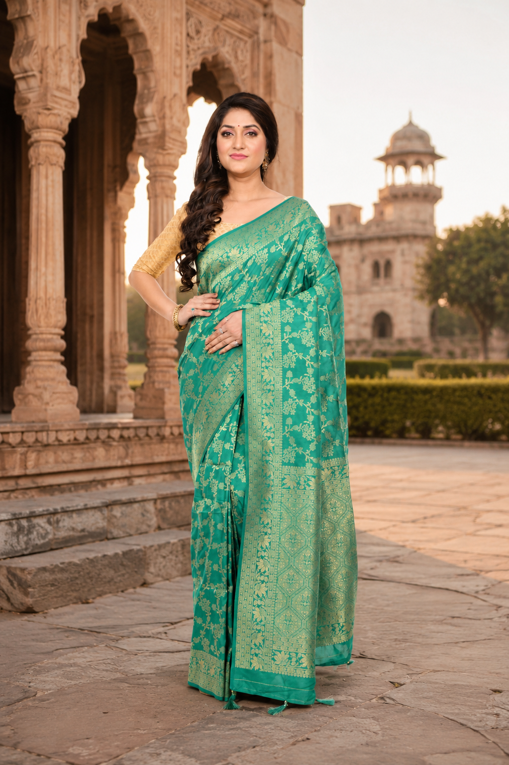 Green Khaddi Silk Saree with All Over Worked