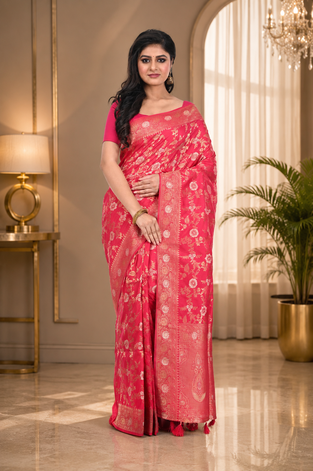 Pink Khaddi Benarasi Saree Allover Zari Worked