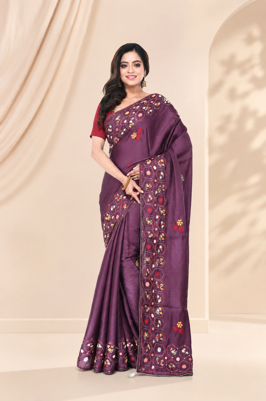 Wine Semi Tussar Saree with Hand Work